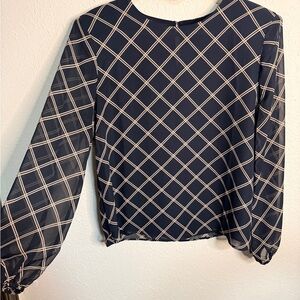 Women’s Pleione Large Black Tan Plaid Women's Blouse Sheer Sleeve Shoulder Pad